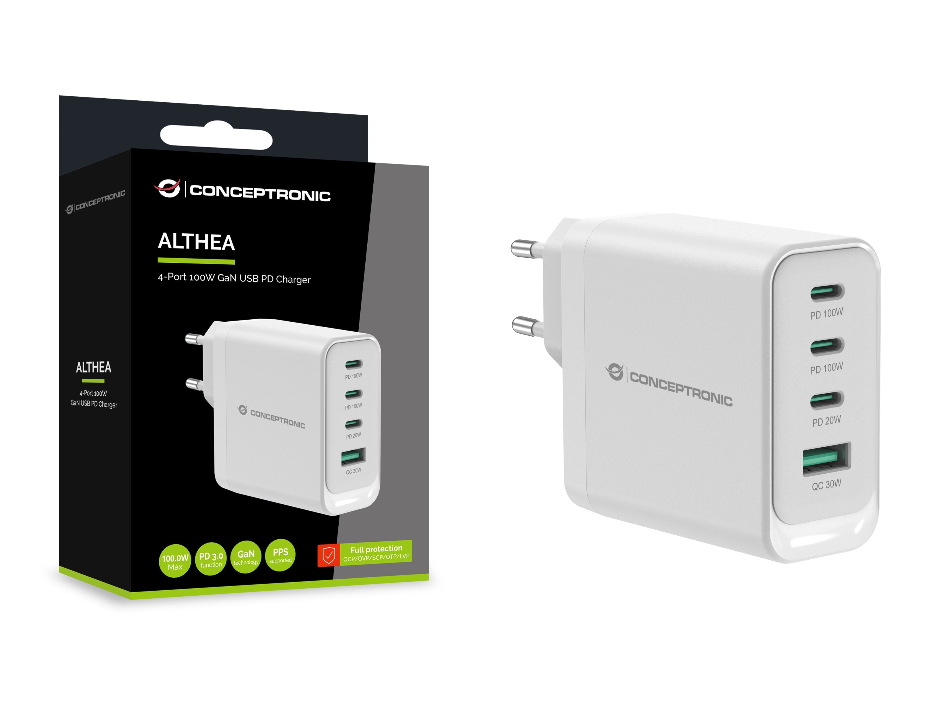 Cargador De Pared Quick Charge 3.0 Pd  Pps 3 Puertos Usb-C 1 Puerto Usb-A Conceptronic Althea 100w
