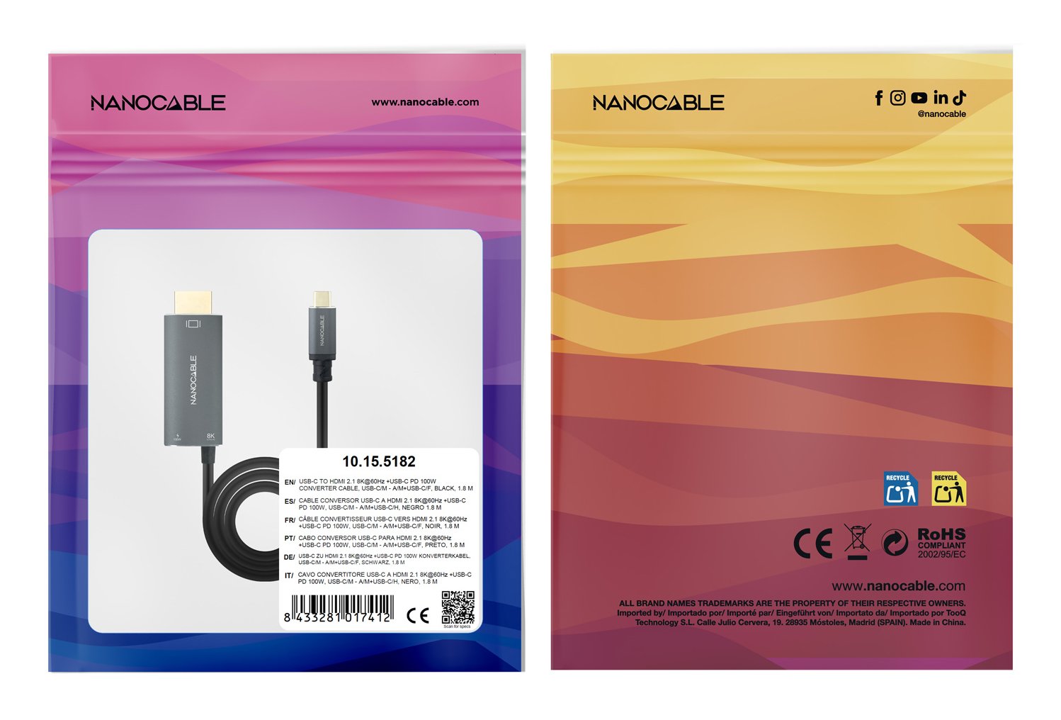 Cable Usb-C/M-Hdmi 2.1+Usb-C/H Pd 100w,Negro,1.8m