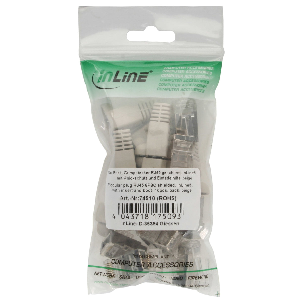 Conector De Crimpado Inline Rj45 8p8c Blindado Con Enhebrador + Protección Contra Dobleces Gris 10 Uds.