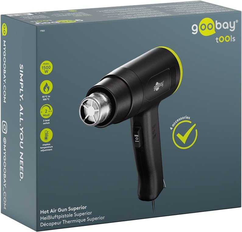 Pistola De Aire Caliente Superior, 1500 W
 Con Dos Intervalos De Temperatura De Ajuste Continuo Y Cuatro Boquillas Diferentes