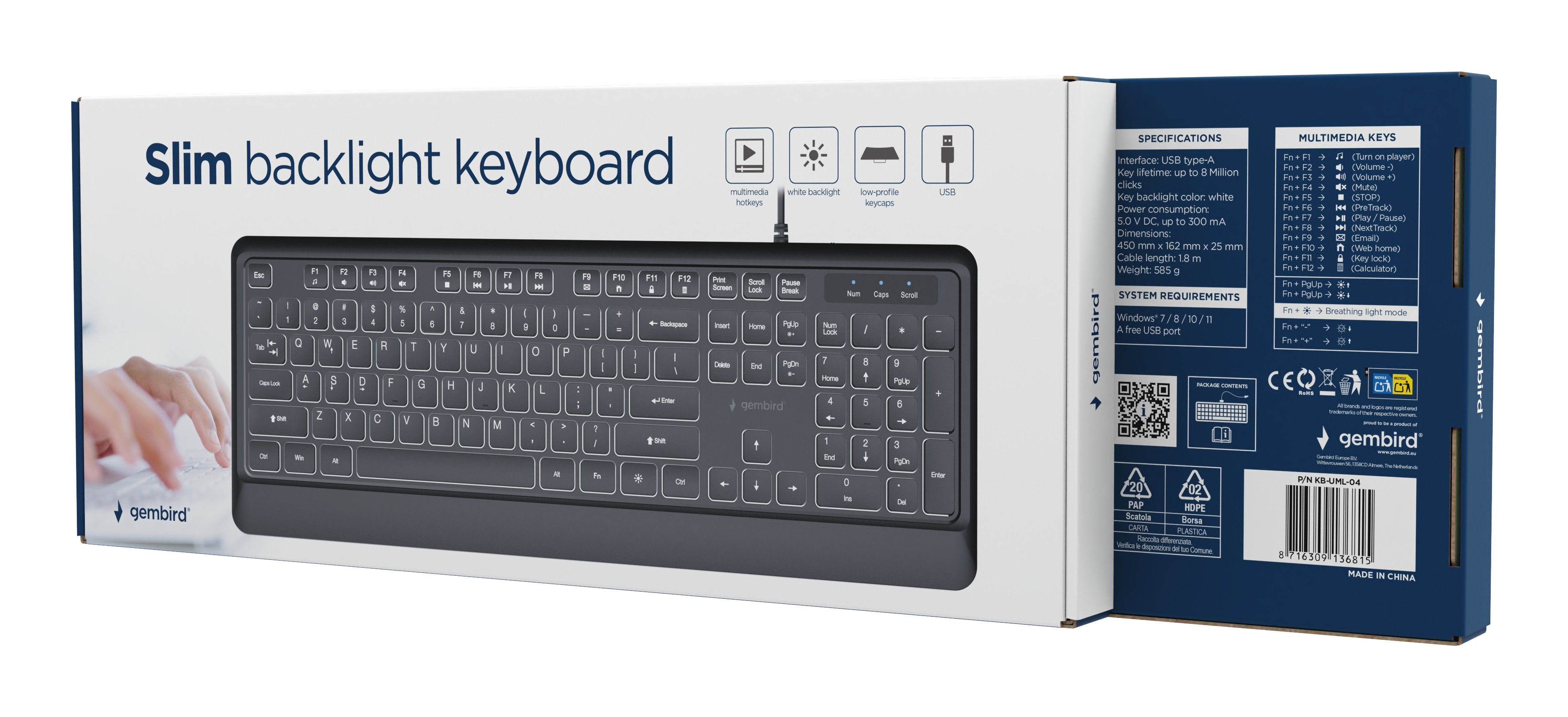 Gembird Slim Wired Backlight Keyboard Negro Us Layout