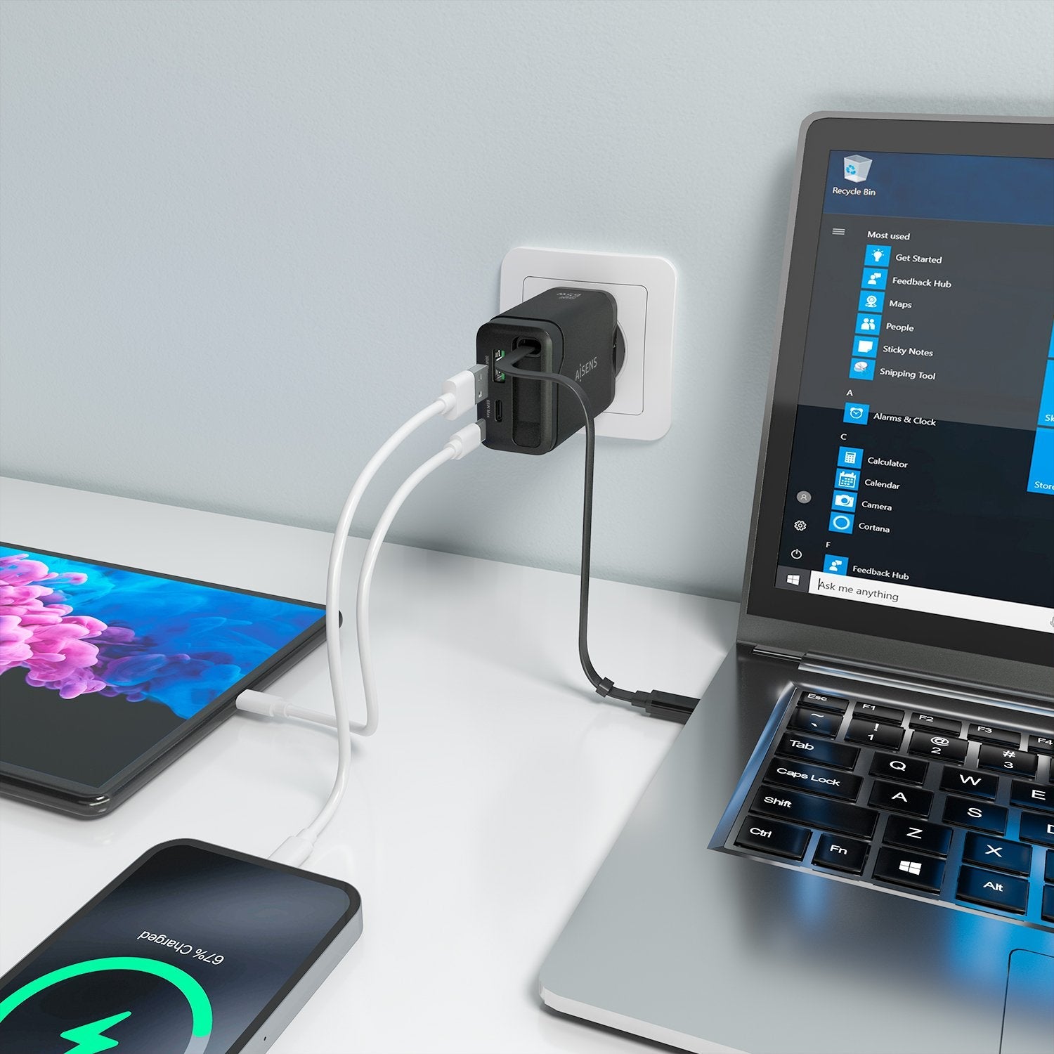 Aisens Cargador Gan 65w, 1xusb-C Cable Retractil, 1xusb-C Pd3.0, 1xusb-A Qc3.0, Negro
