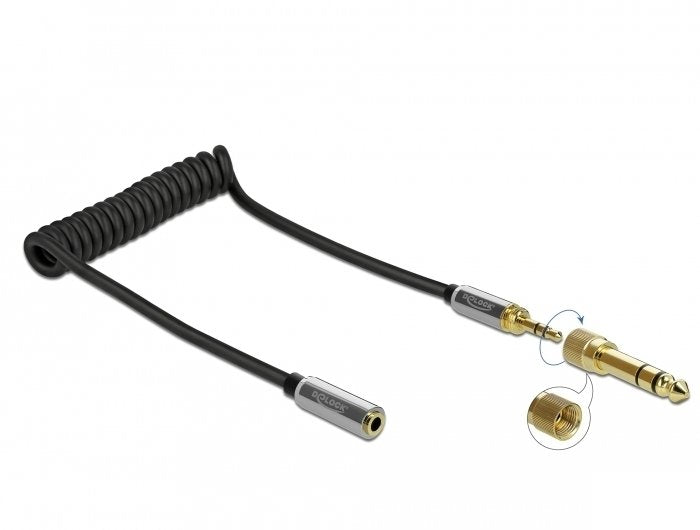 Delock Spiralcable Verlängerung 3,5 Mm 3 Pin Klinkenstecker Zu Klinkenbuchse Mit 6,35 Mm Schraubadapter 1 M