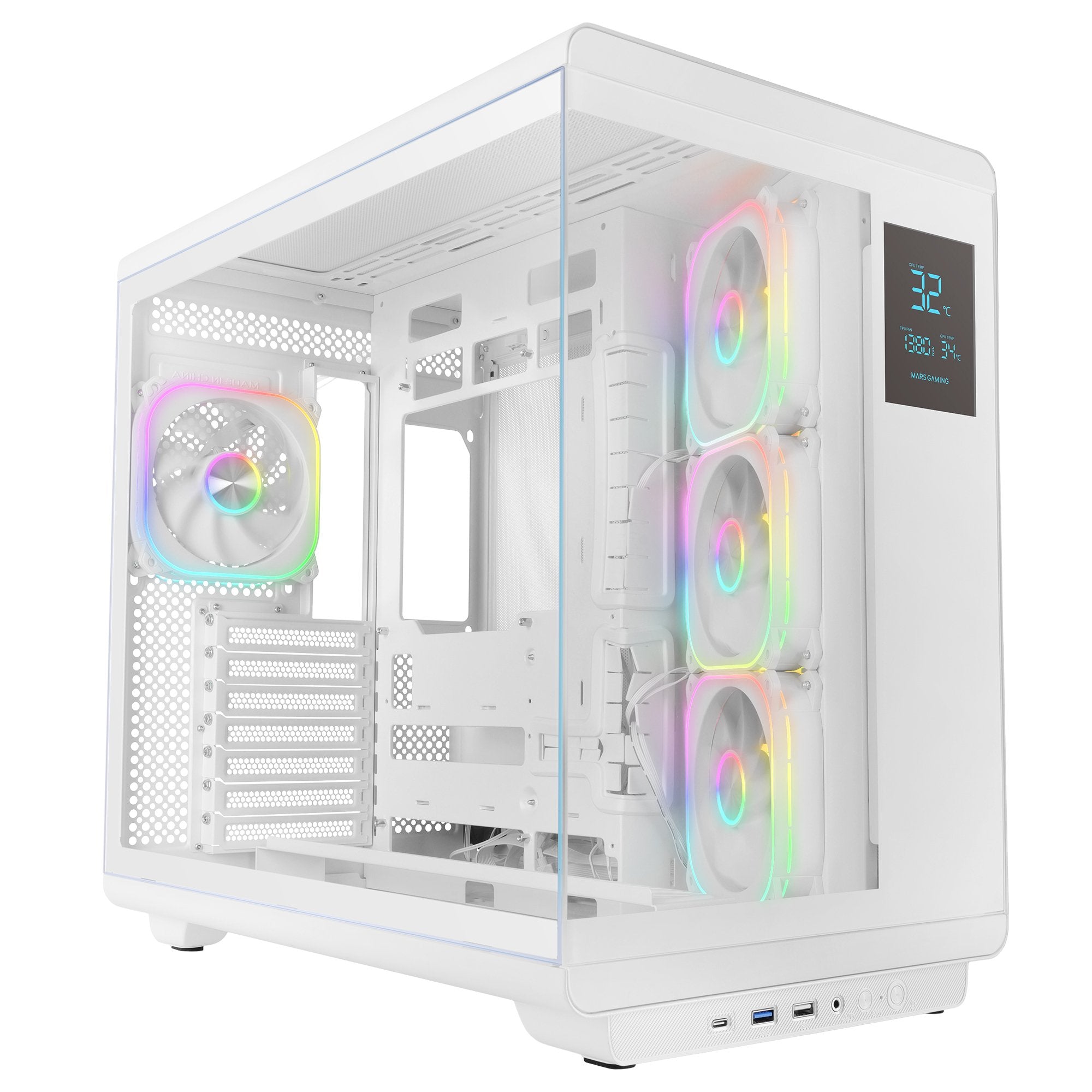 Caja Pc  Atx Mars Gaming Mc-Revpro Pantalla Lcd 4.3" Cristal Templado 4x Ventiladores Argb Blanco