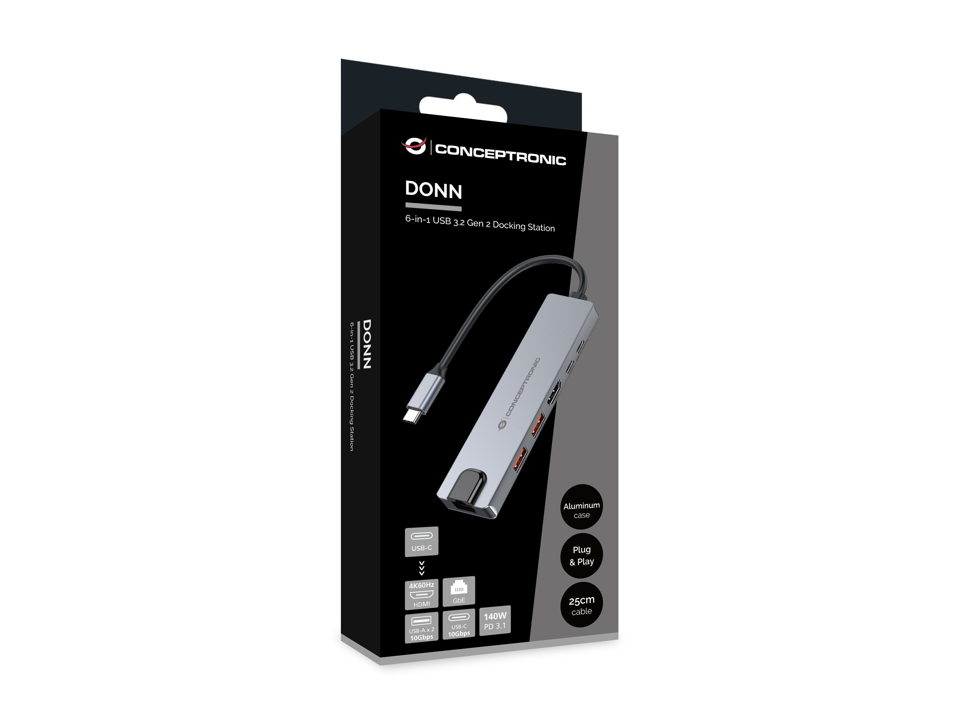 Docking Usb-C 6-In-1 Conceptronic 1xhdmi 4k 2xusb-A  3.1 1xusb-C 2xusb-C Pd140w 1xrj45 Giga