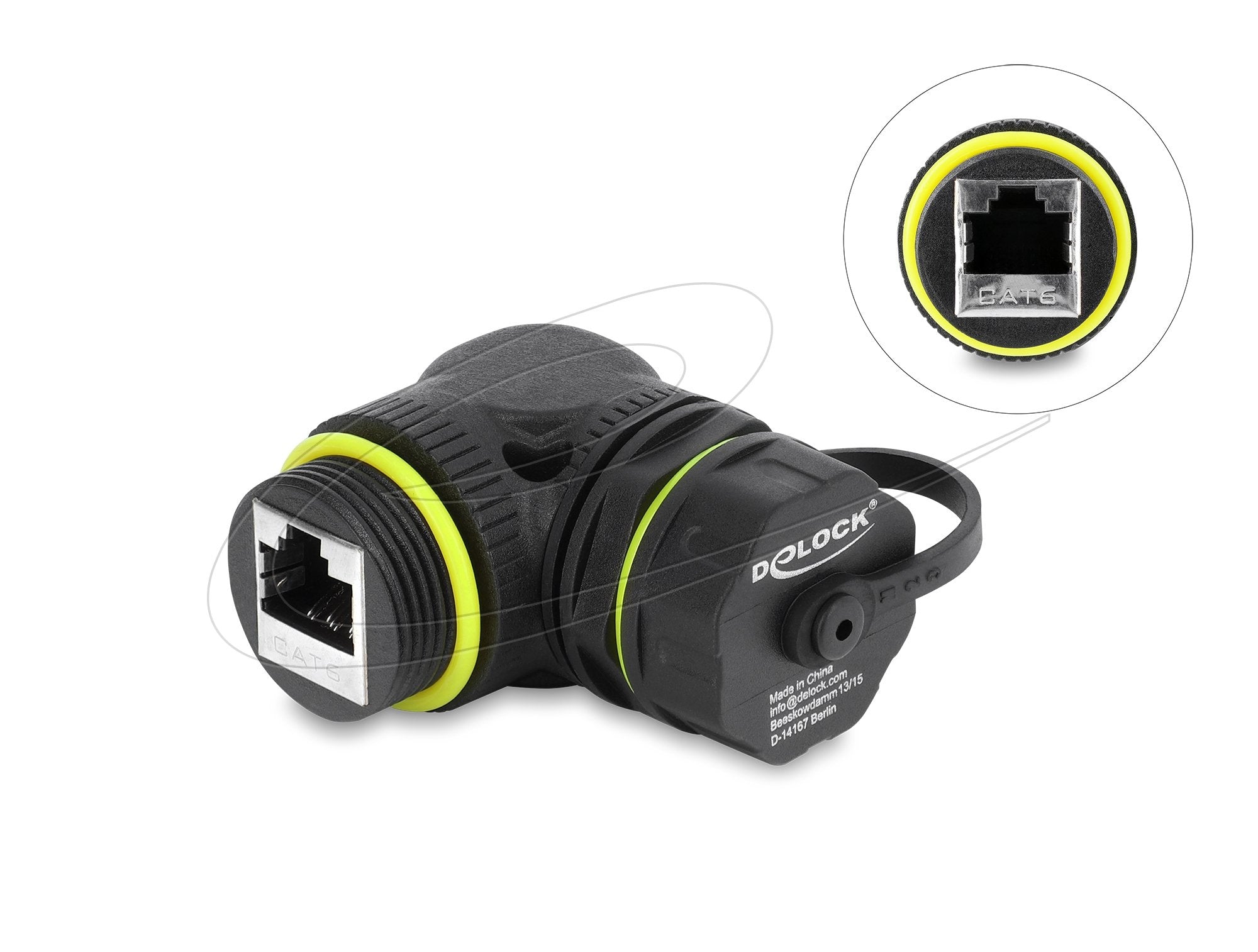 Delock Cableverbinder Rj45 Buchse Zu Rj45 Buchse Cat.6 Mit M23 X 1,5 Mm Gewinde Und Verschlusskappe 90° Gewinkelt Ip68 Schwarz