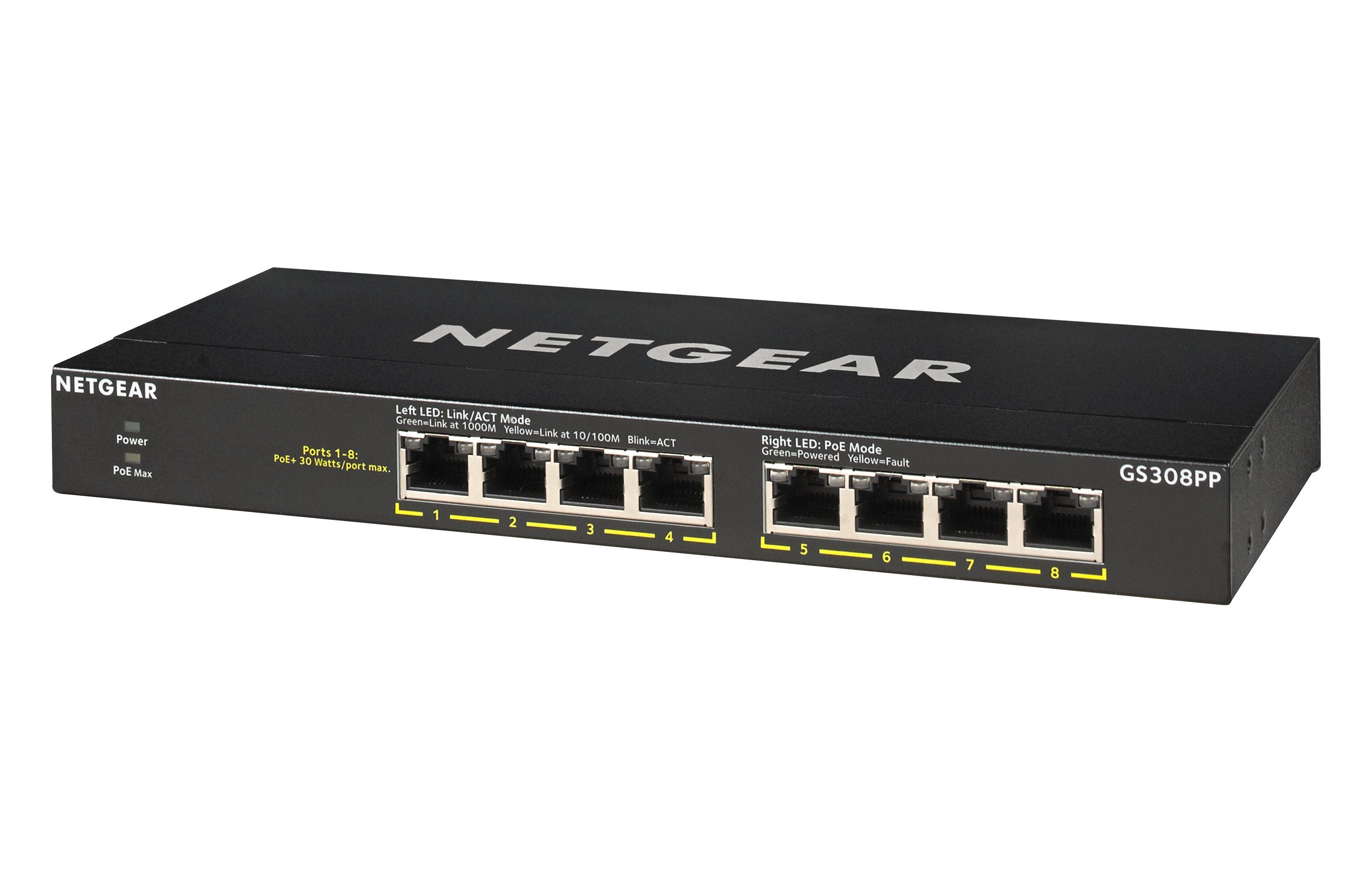 Switch Netgear Gs30 8pp, No Administrado, Gigabit Ethernet (10/100/1000), Bidireccional Completo (Full Duplex), Energía Sobre Ethernet (Poe), Montaje De Pared