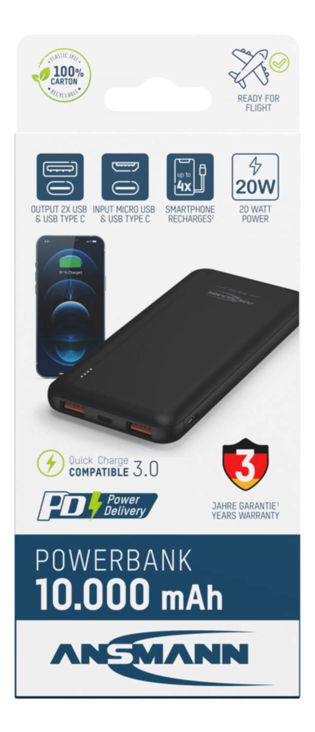 Bateria Ansmann Powerbank 10000 Mah 20w 2 Usb-A Ports, Usb-C Port