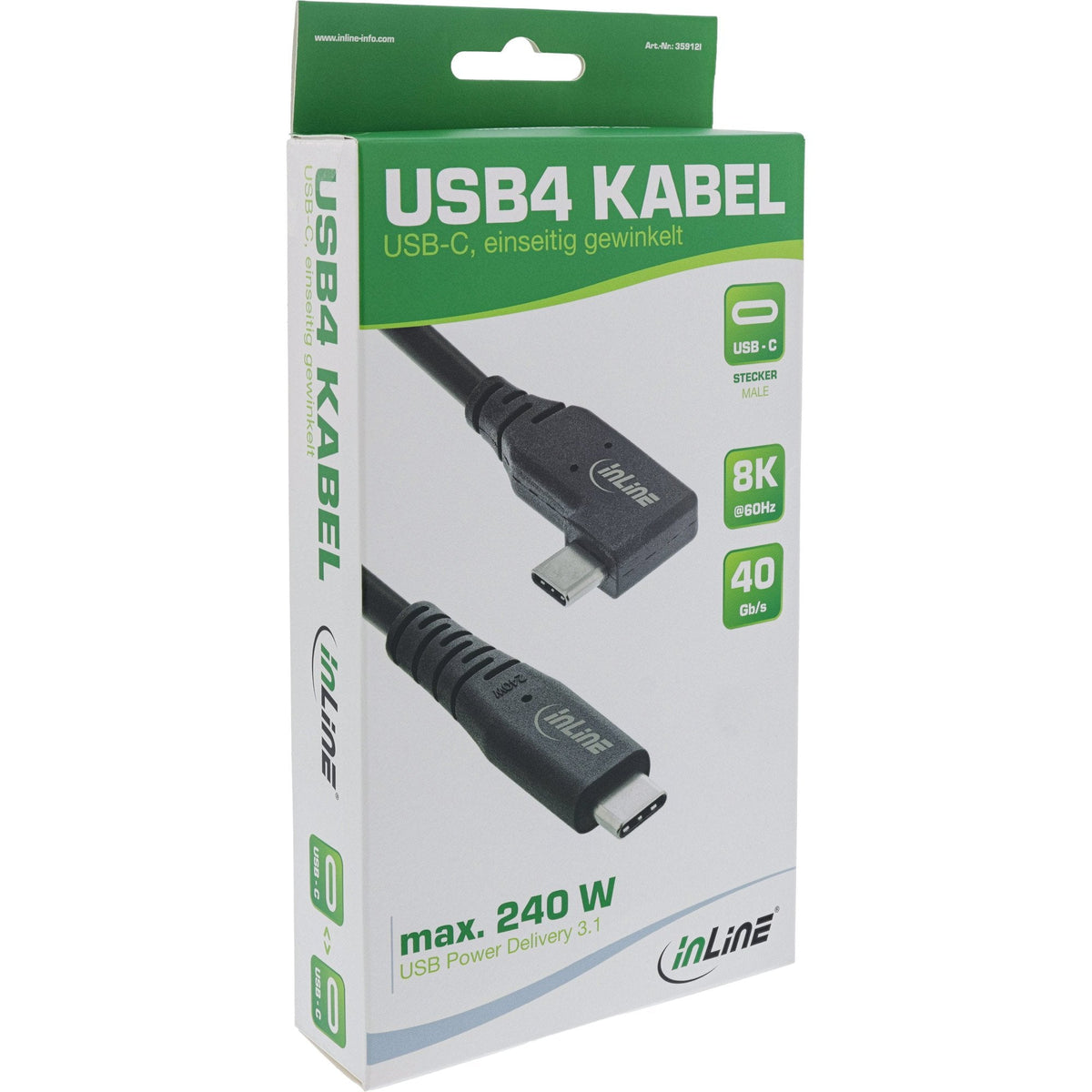 Inline Usb4 Cable, Usb Type-C, One Side Angled, Pd 240w, 8k60hz, Tpe Black, 1m