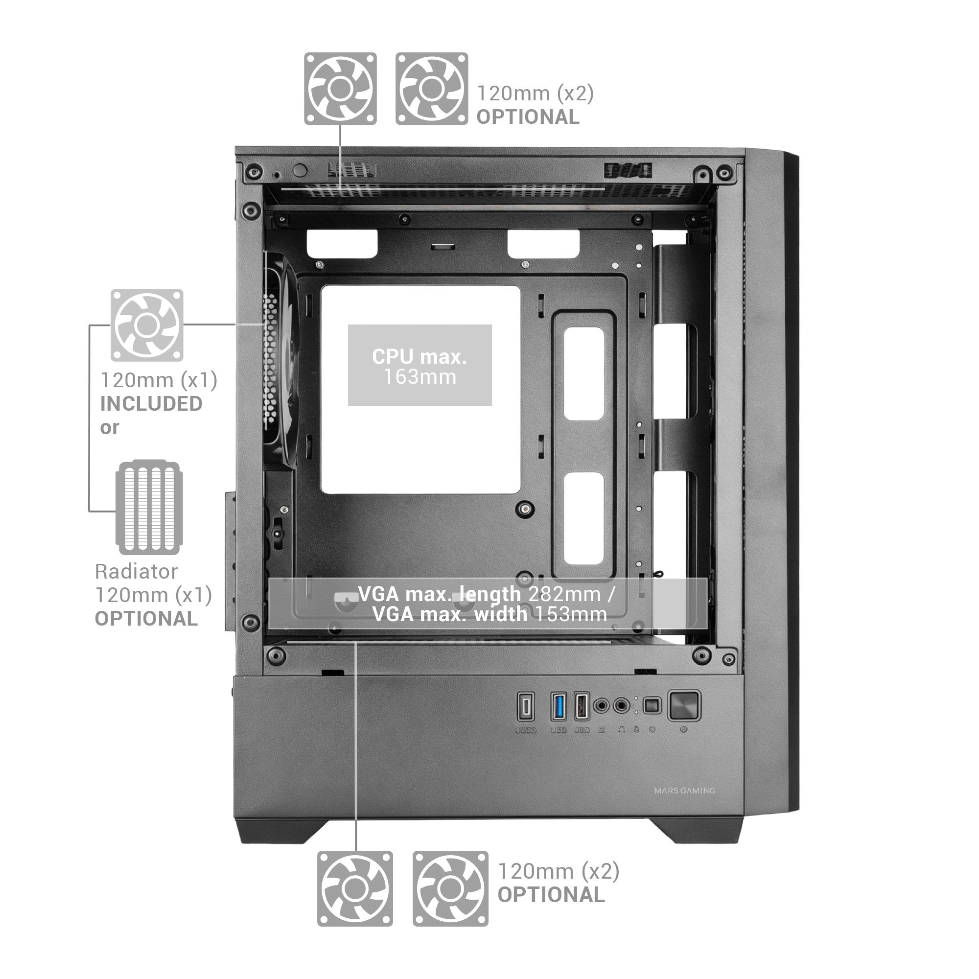 Caja Pc  Microatx Mars Gaming Mc-Vector Gpu Max 282mm Cristal Templado Mesh Argb Usb-C Negra