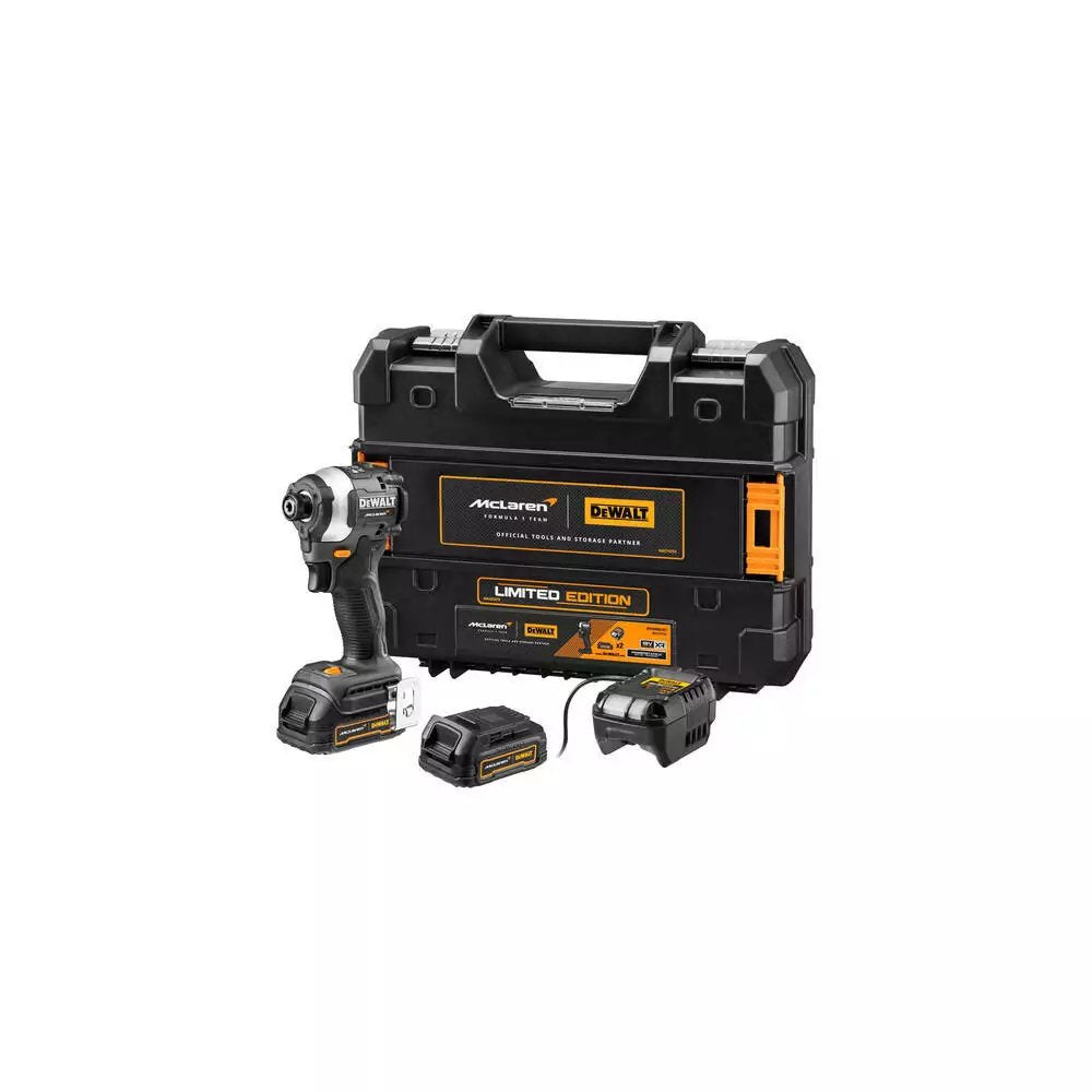 Llave De Impacto A Batería Dewalt Dcf85me2gt, 18 Voltios, 1/4", En Diseño Mclaren Gris/Negro, 2 Baterías Powerstack Li-Ion De 1,7 Ah, En Caja T Stak