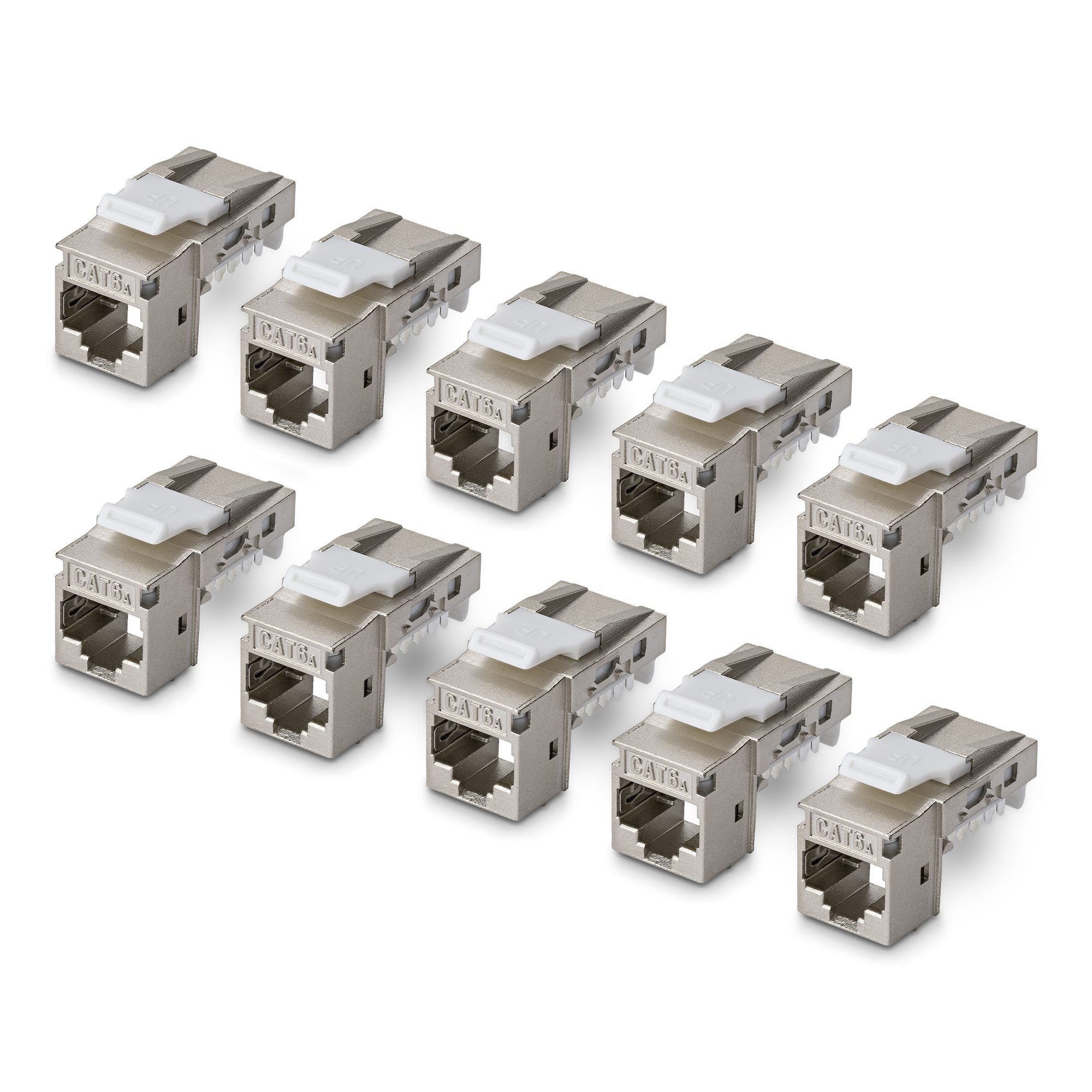 Startech.Com Geschirmtes Cat6a Keystone Jack Módulo, Pack De 10 Rj45 Ethernet Conector Hembra, Stp Cat6a Wandbuchse, 90 Grad, Sin Herramientas, Acodado, Plateado, Rj-45, Conector Hembra, Conector Hembra, 10gbase-T
