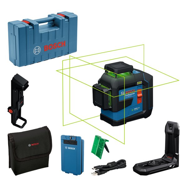 Bosch Professional Láser De Línea Gll 80-33 G Professional Azul Negro, Batería De Iones De Litio 3,0 Ah, Líneas Láser Verdes, Soporte Universal Lb 10, Abrazadera De Techo Dk 20 601065501