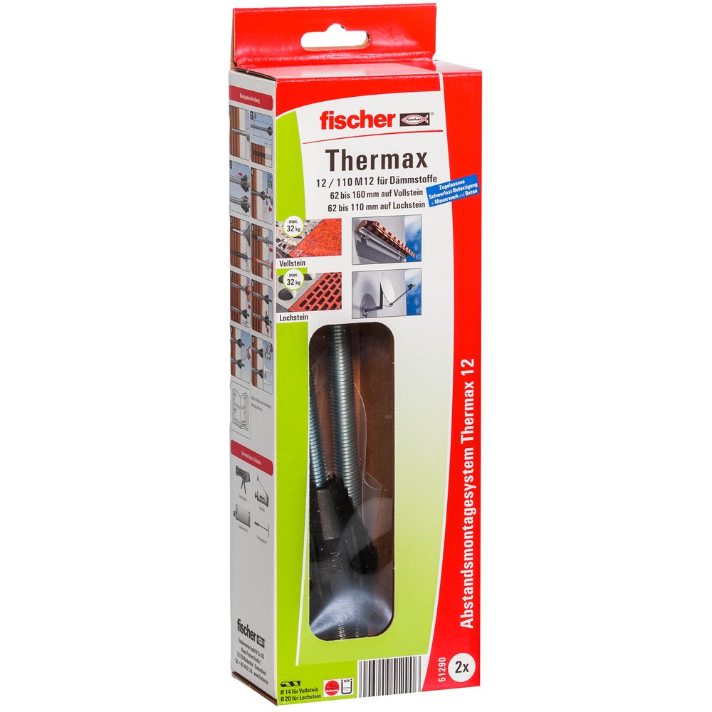 Fischer Thermax 12/110 M12 11 Cm 2 Pieza(S) Kit De Tornillos, Pasador Kit De Tornillos, Acero Galvanizado, Concreto, M12, Negro, Metálico, 11 Cm