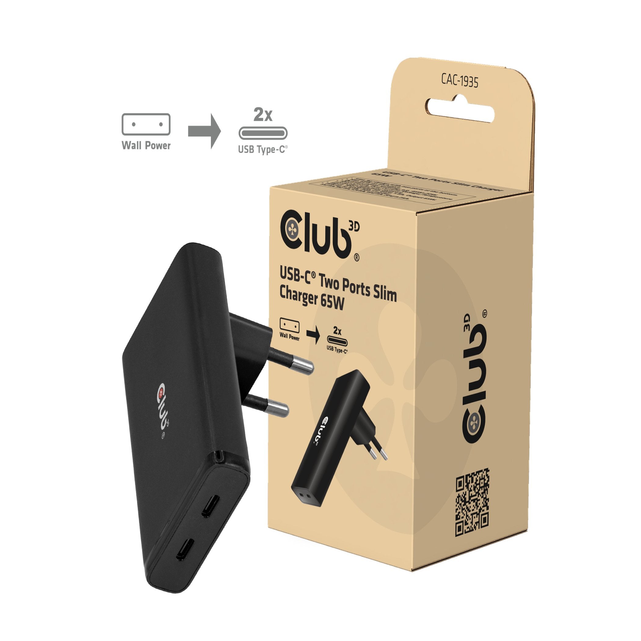 Club3d Cargador 2xusb Tipo C Slim Pd3.1 65w, Gan Retail