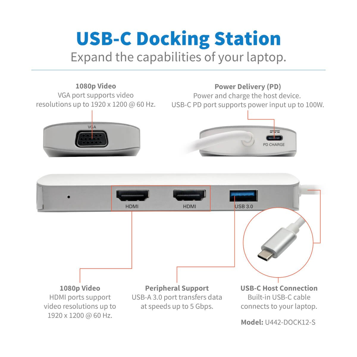 Tripp Lite Estación De Conexión Usb-C, (X2) Hdmi + Vga, Thunderbolt 3, Usb-A, Carga Pd  1080p @ 60 Hz, Plata