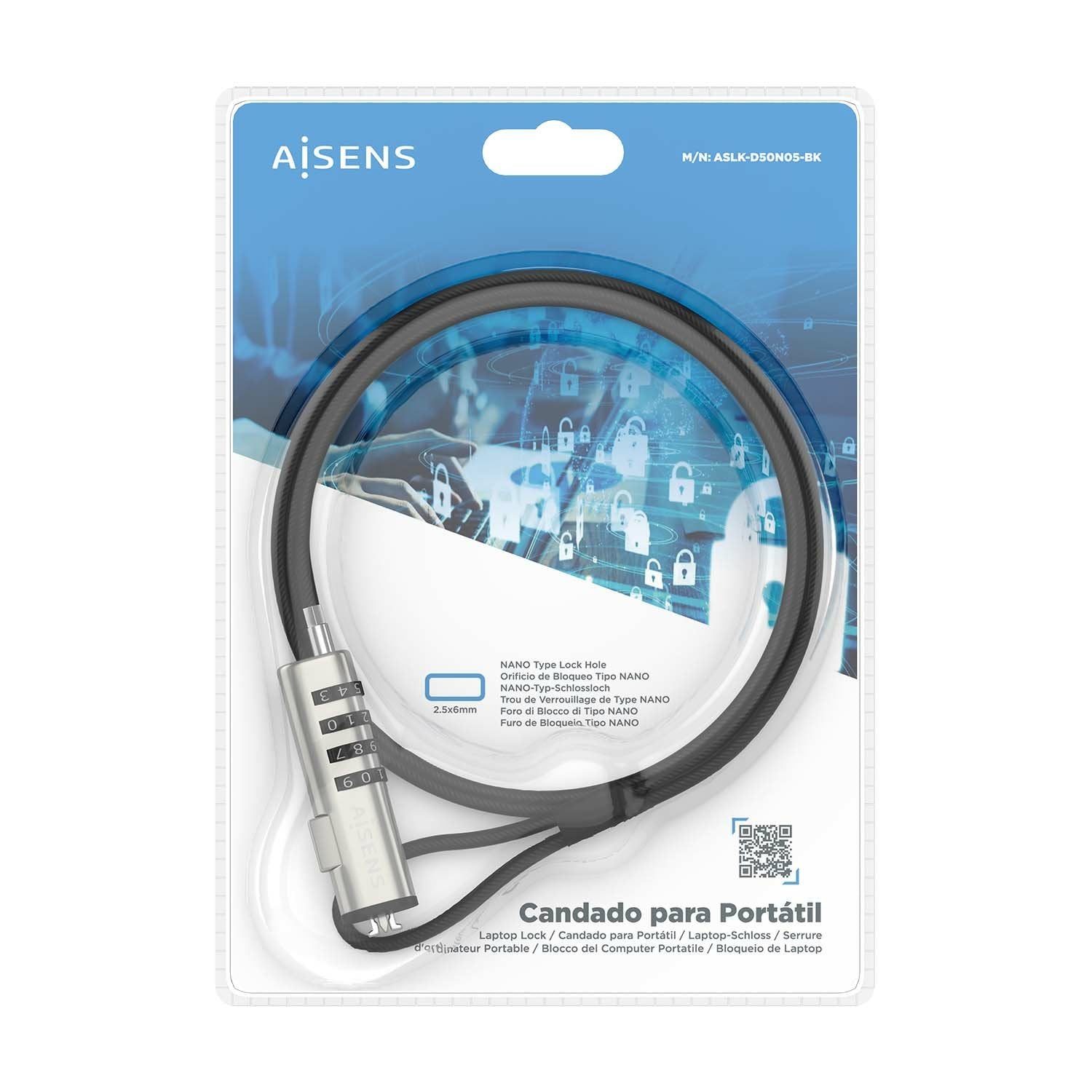 Aisens Cable De Seguridad Tipo Nano Para Portátiles Aslk-D50n05-Bk 1.5m