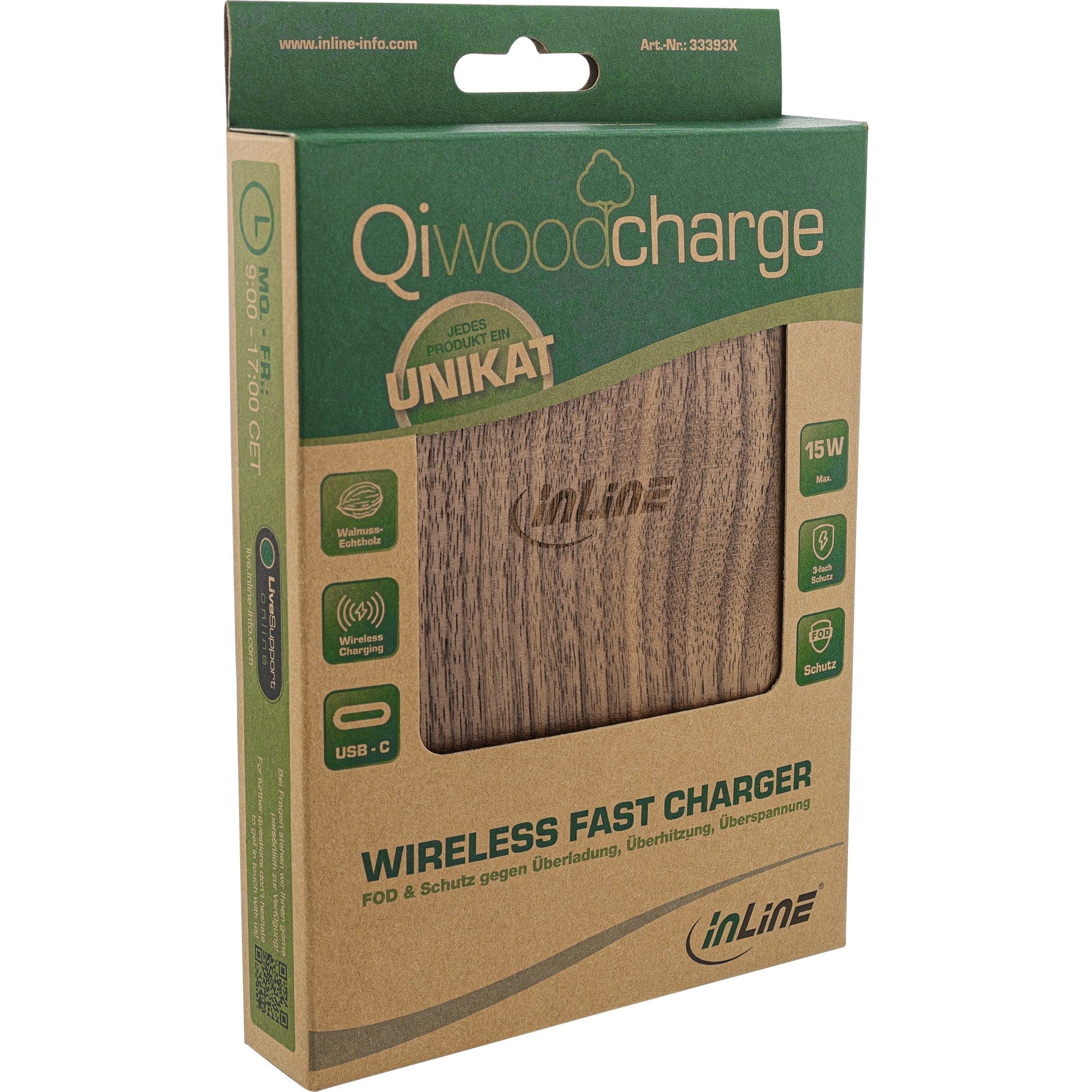 Inline® Qi Woodcharge, Smartphone Wireless Fast Charger, 5/7,5/10w/15w, Type C