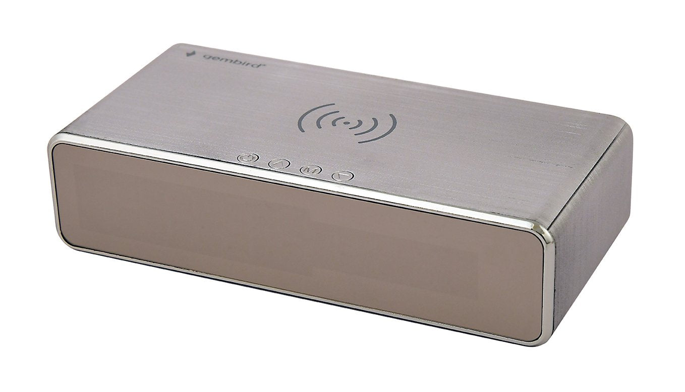 Gembird Dac-Wpc-01-S, Reloj Despertador Con Cargador Inalambrico, Plata, Iphone X/Xs/Xr, Iphone 8, Galaxy S8/S7/S6, Lcd