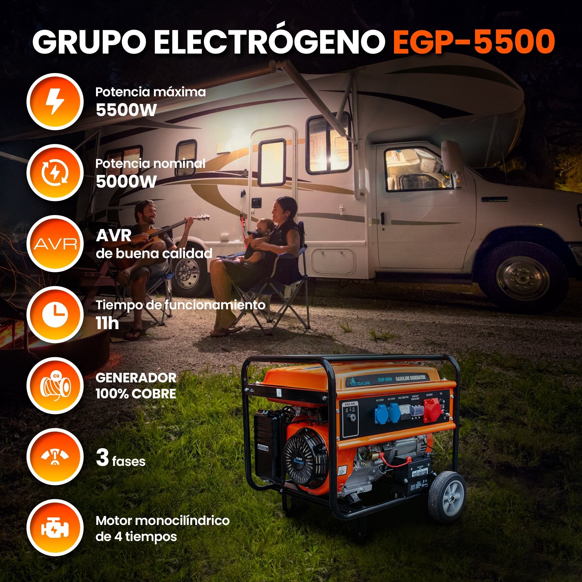 EAN 5905090330356 - Extralink EX.30356 motor-generador 5000 W 25 L Negro, Naranja imagen 16