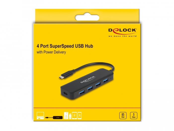 Delock Hub Usb Type-C De 4 Puertos Usb 3.2 Gen 1 Con Power Delivery De 85 Vatios