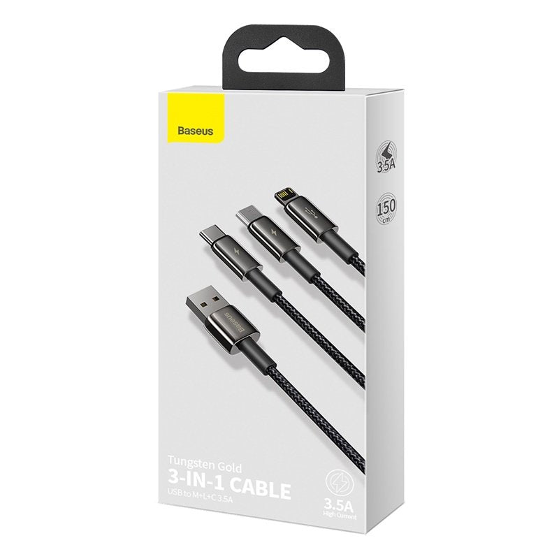 Baseus Tungsten Gold 3-In-1 Cable Usb 1,5 M Usb 2.0 Usb A Usb C.Micro Usb A/Lightning Negro