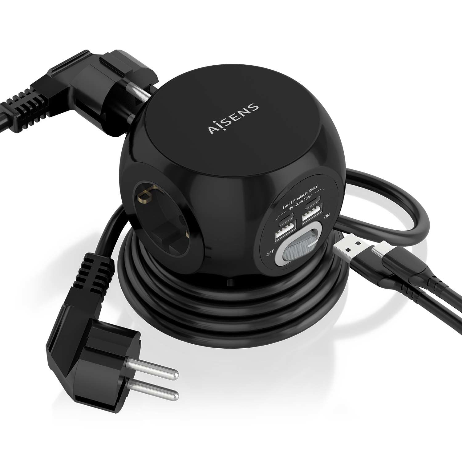 Aisens Regleta De Enchufes Sobremesa Multifuncion Con 3 Tomas + 2xusb-C, 2xusb-A, 1.4m, Negro