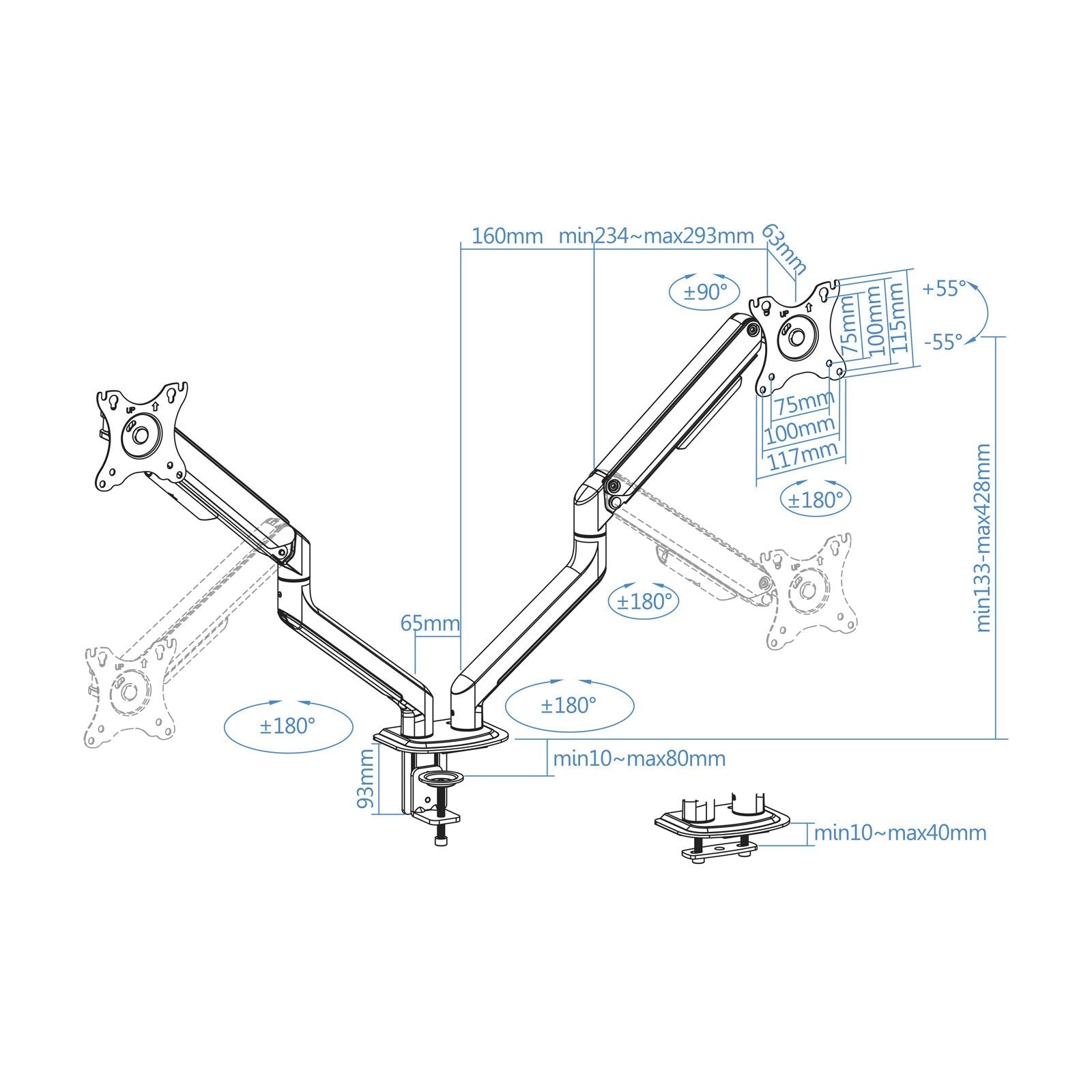 Tooq Soporte Mesa Pant Giratorio Inclinacion 2 Brazos 17-32" - Blanco