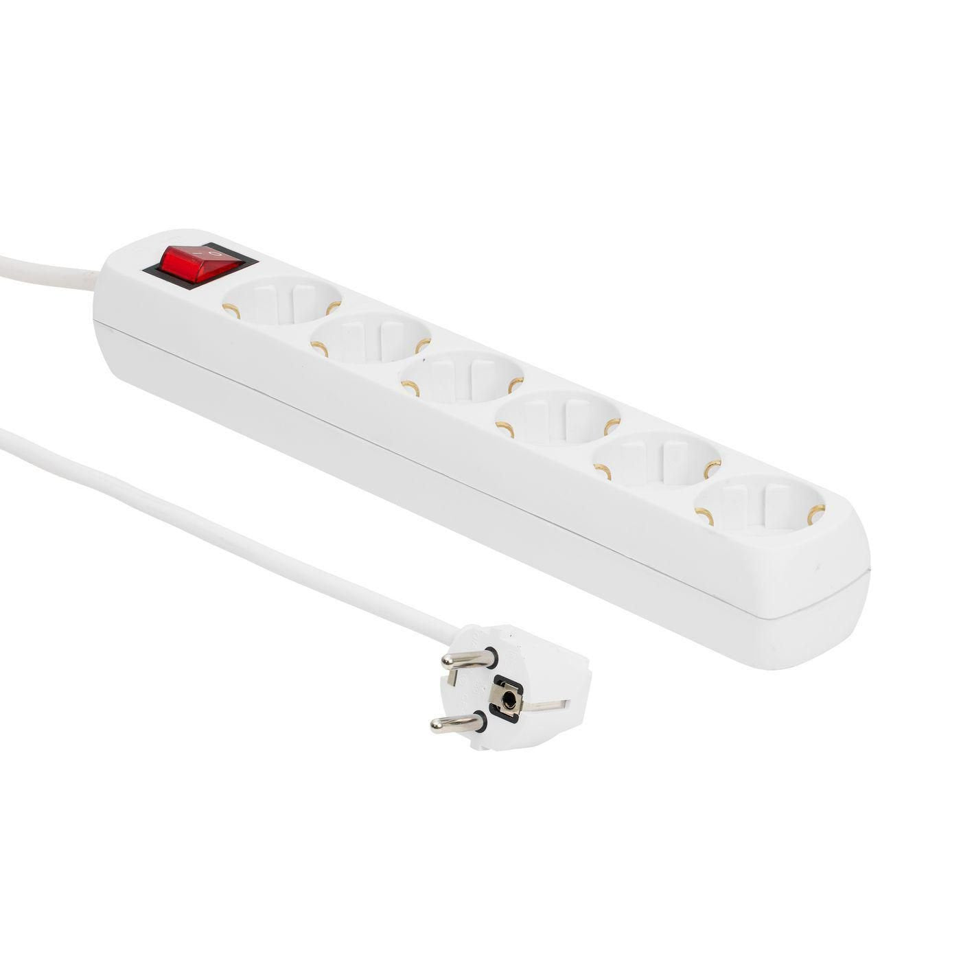 6-Way Schuko Power Strip  On/Off Switch 1.5m, White