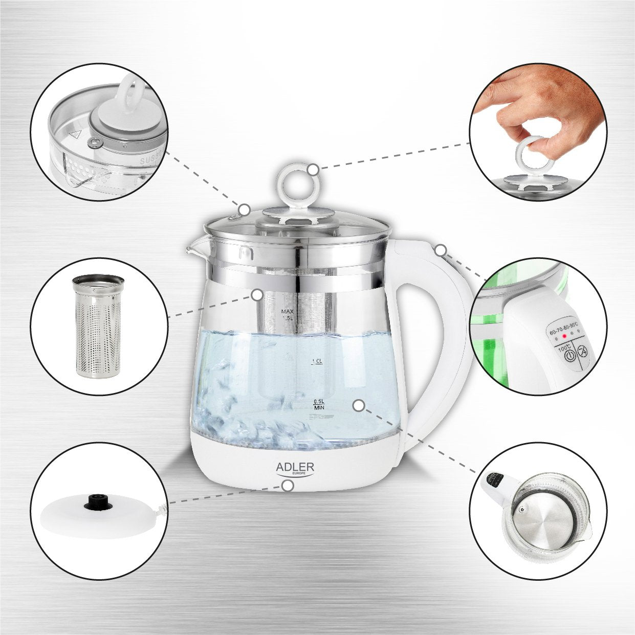 Adler Kettle Ad 1299 Elã©Ctrico, 2200 W, 1,5 L, Vidrio/Acero Inoxidable, Base Giratoria De 360â°, Blanco