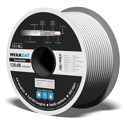 Megasat Vollkupfer Koaxcable 100m Spule,120db,3-Fach Geschirmt