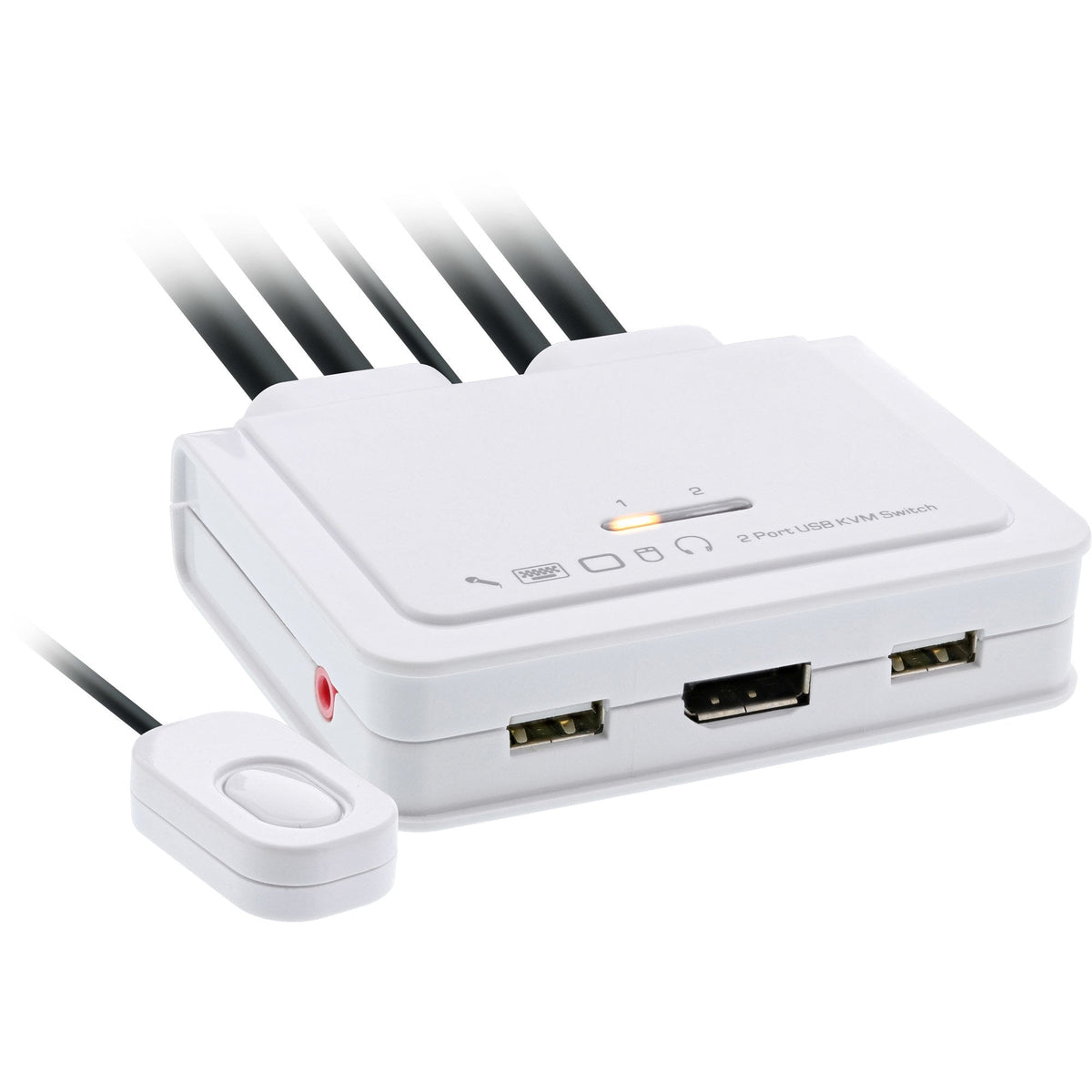 Switch Kvm Inline, 2 Puertos, Usb-C + Displayport A Displayport 1.2, 4k, Con Audio, Cable Integrado