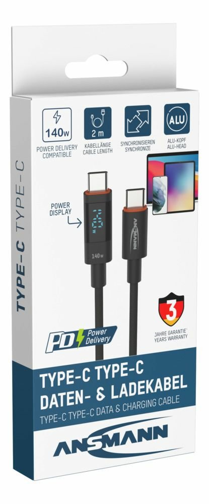 Cable Ansmann Usb 2.0 , Usb-C Stecker > Usb-C Stecker (Anthrazit, 2,0 Meter, Pd 3.1,  Laden Mit Bis Zu 140 Watt, Gesleevt, Integriertes Led Display) 1700-0171