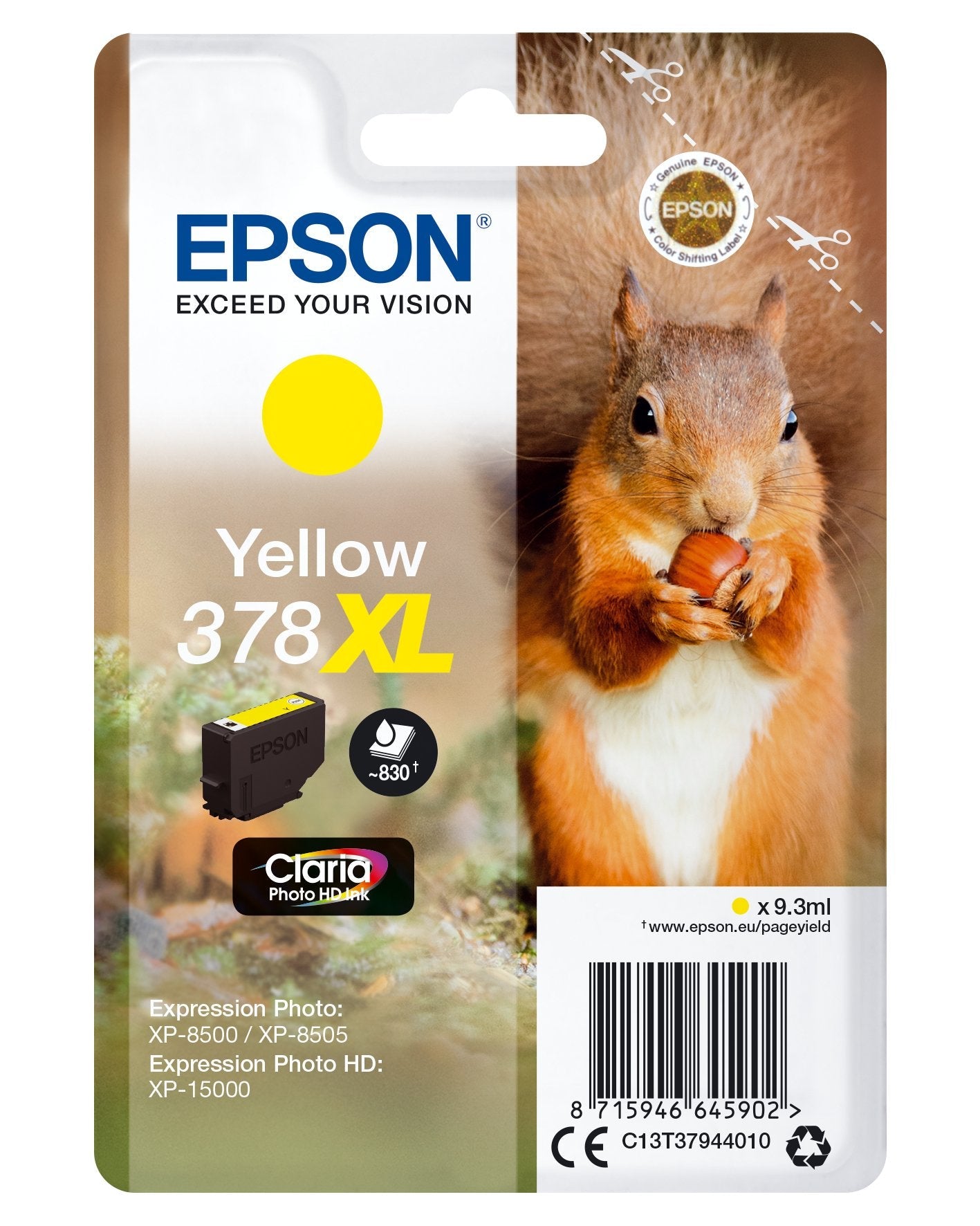 Epson 378xl 9.3 Ml Xl Amarillo Original Blíster Con Alarmas De Rf/Acústica Cartucho De Tinta Para Expression Home Xp-8605 8606 Expression Home Hd Xp-15000 Expression Photo Xp-8500 8700
