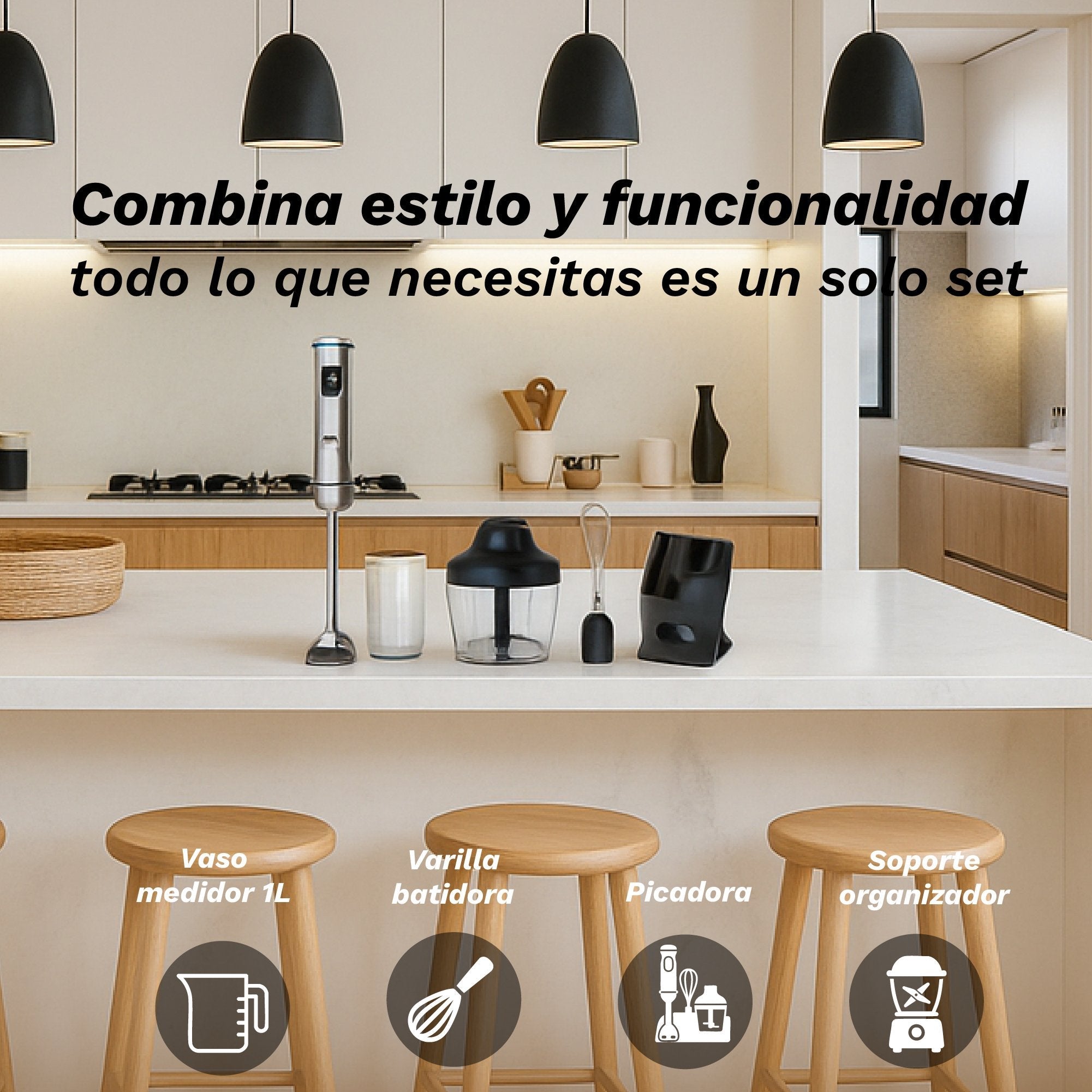 Batidora De Mano Grunkel Bm-2000set 2000w Capacidad 0.8l Incluye Vaso, Picadora, Varilla Y Soporte