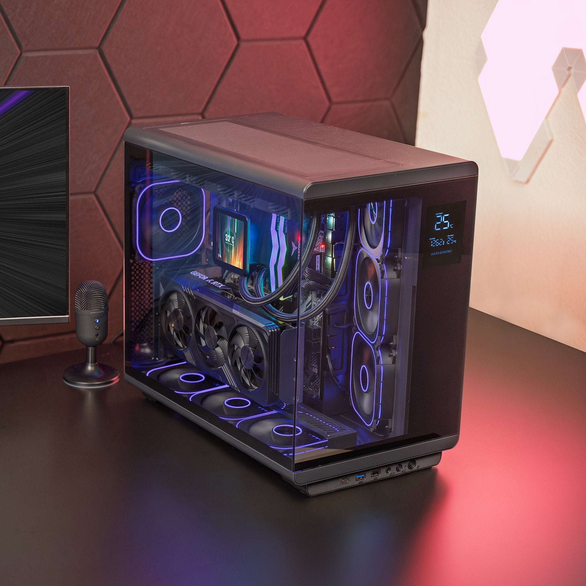 Caja Pc  Atx Mars Gaming Mc-Revmax Pantalla Lcd 11.8" Cristal Templado 4x Ventiladores Argb Negro