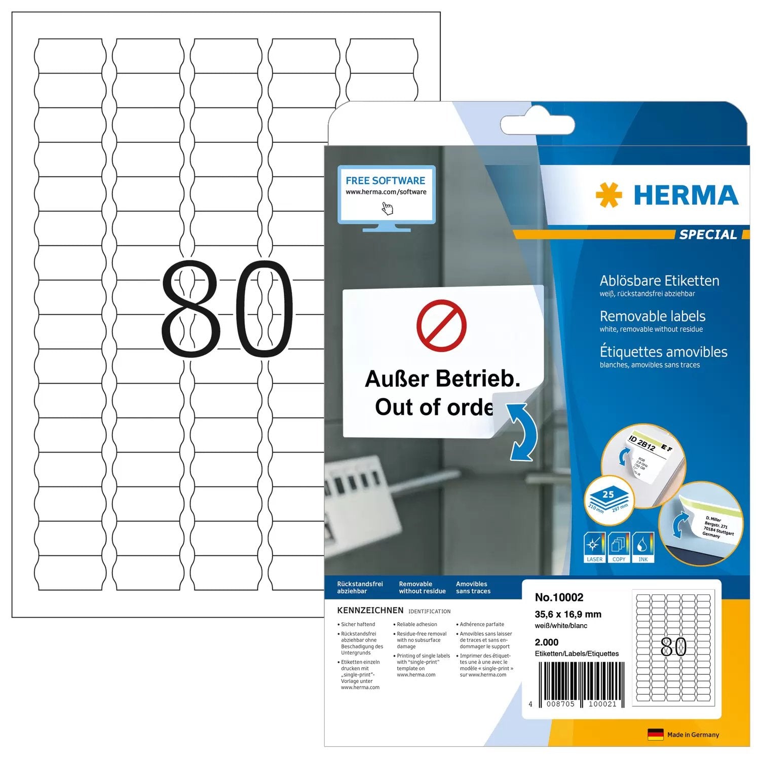 EAN 4008705100021 - HERMA 10002 etiqueta autoadhesiva Etiqueta de precio Desmontable Blanco 2000 pieza(s) imagen 1