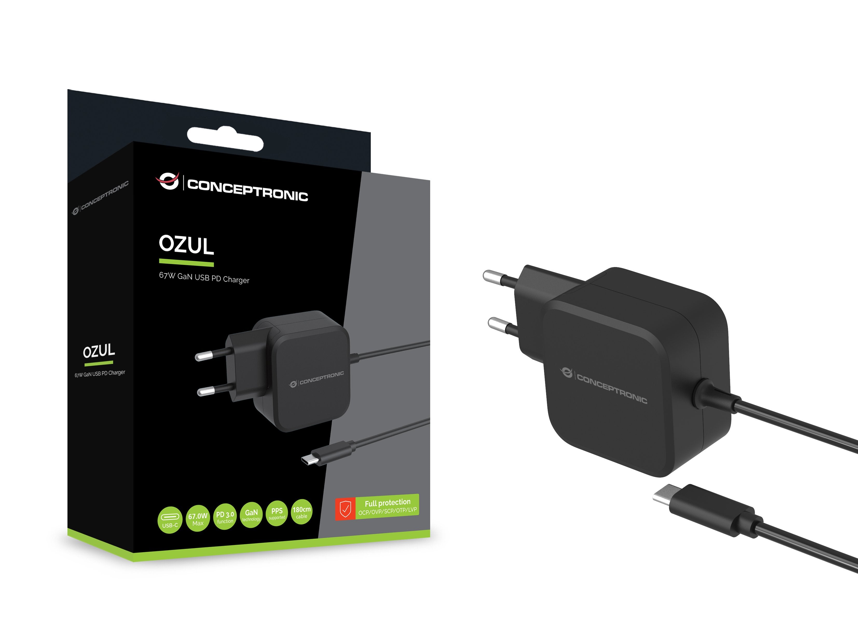 Cargador De Pared Conceptronic Ozul04be 67w Gan Pd Cable Usb-C