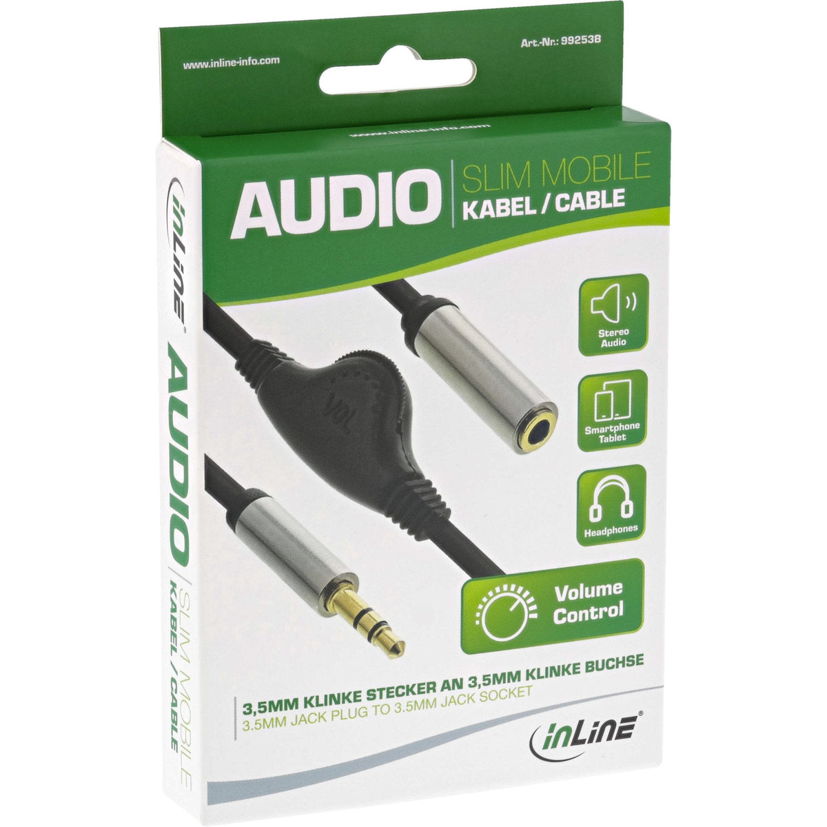 Cable De Audio Delgado Inline De 3,5 Mm M A H, Con Control De Volumen De 0,25 M