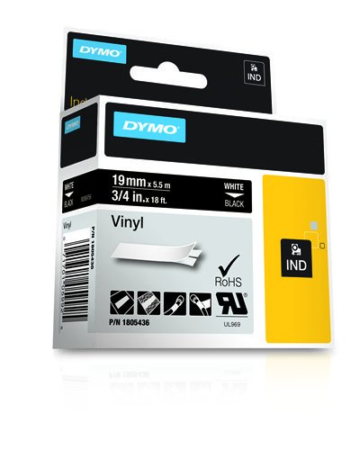 Dymo Rhino Cinta De Etiquetas Industrial Adhesiva Id1-19, Blanco Sobre Negro De 19mmx5.5m, Poliester