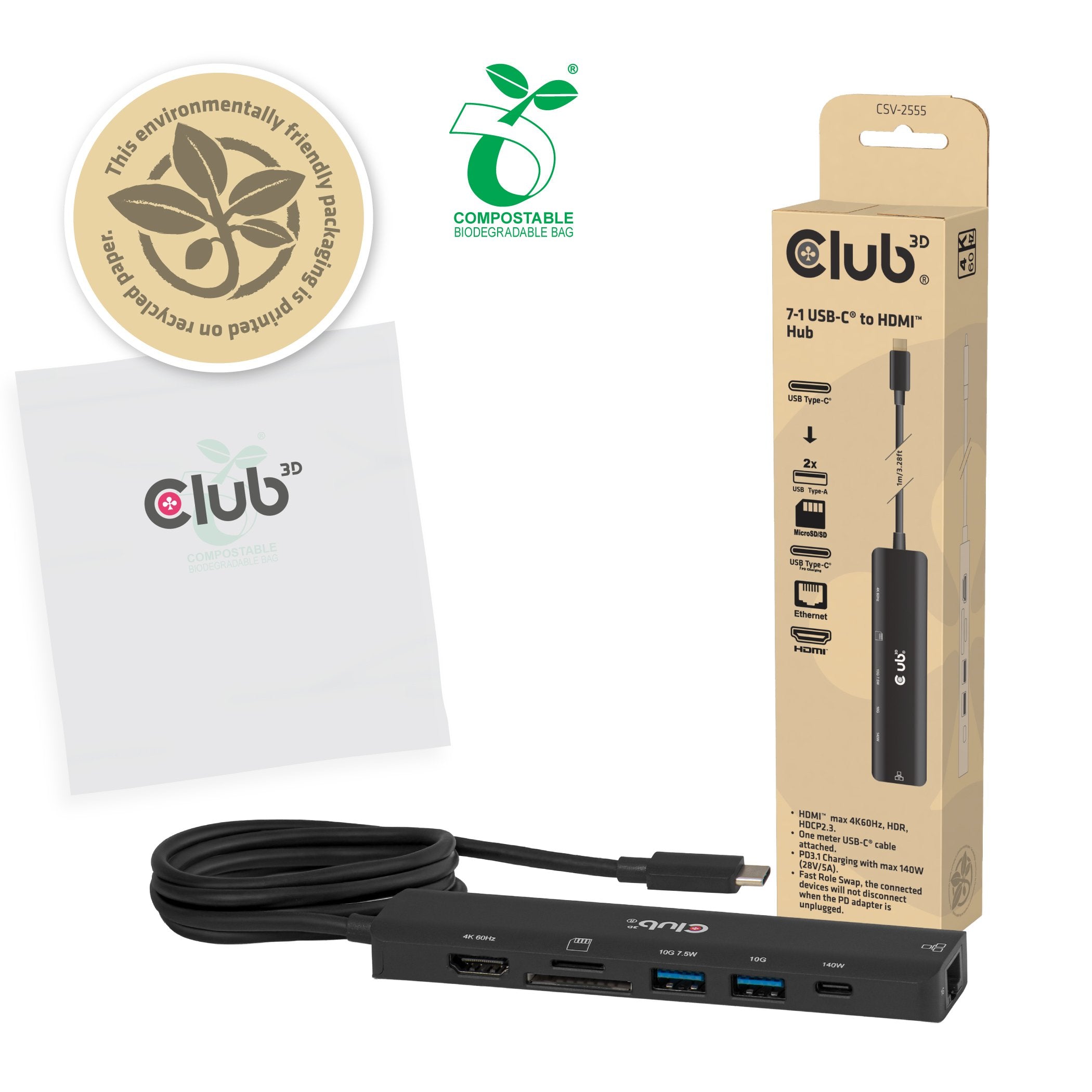 Club3d Usb-C 7in1-Hub >Hdmi 2xusb Usb-C Lan 4k60hz Pd140w Retail