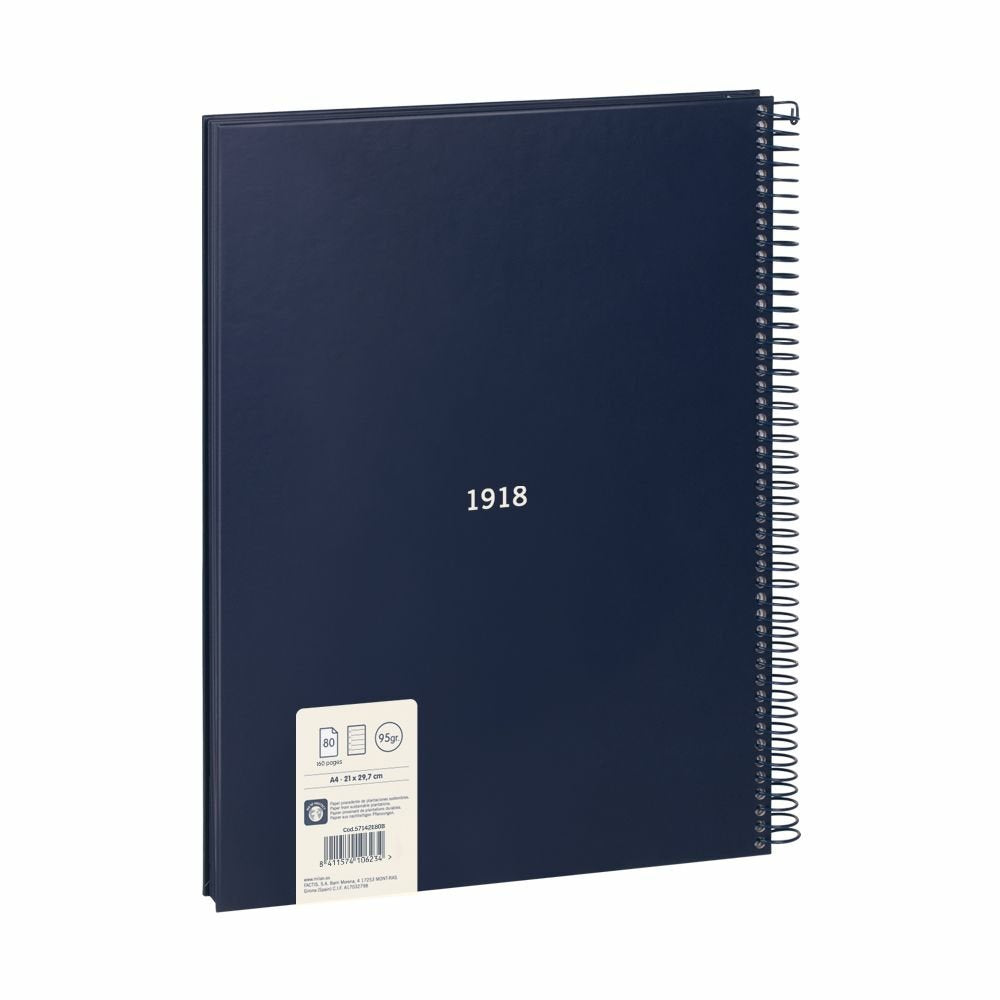 Milan Cuaderno Espiral Formato A4 Pautado 7mm - 80 Hojas De 95 Gr/M2 - Microperforado, 4 Taladros - Color Azul Oscuro
