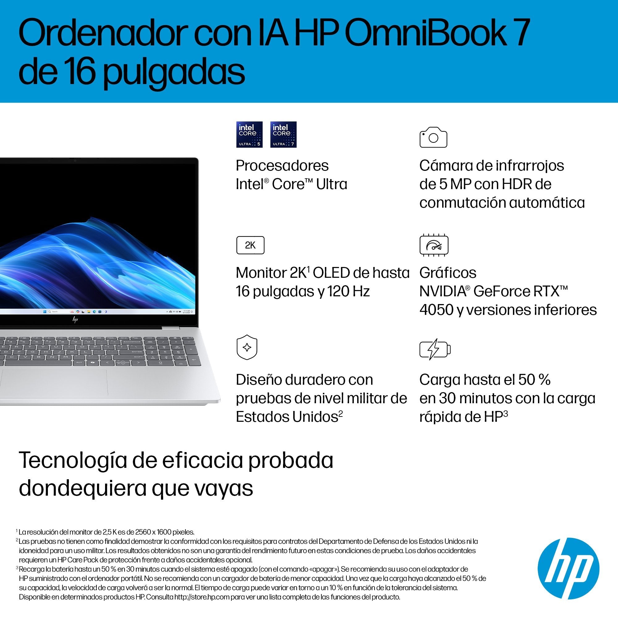 Portátil Hp Omnibook 7 Ai 16 Ay0006ns 16 " Ultra 7 255u 32gb 1tb Geforce Rtx 4050 W11 Plata Glaciar