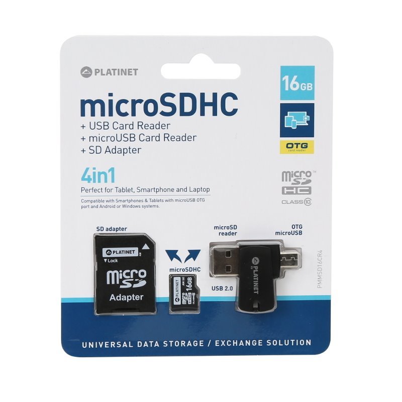Platinet 4-En-1 Microsd 16gb + Lector Microusb Otg + Adaptador Pmmsd16cr4