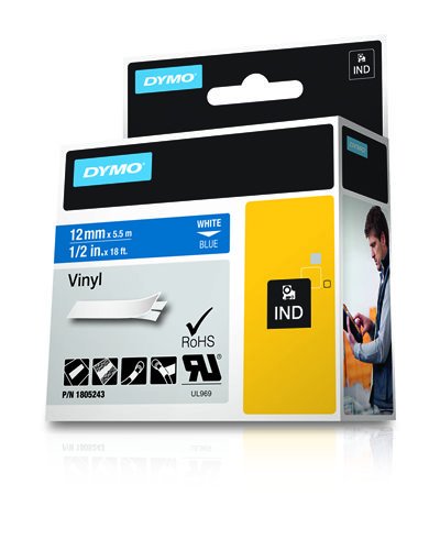 Dymo Rhino Cinta De Etiquetas Industrial Adhesiva Id1-12, Blanco Sobre Azul De 12mmx5´5m, Vinilo