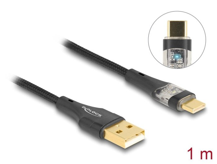 Delock 80760 Cable Usb 2.0 Tipo-A Macho A Usb Type-C Macho Con Carga Rápida 60 W Transparente 1 M