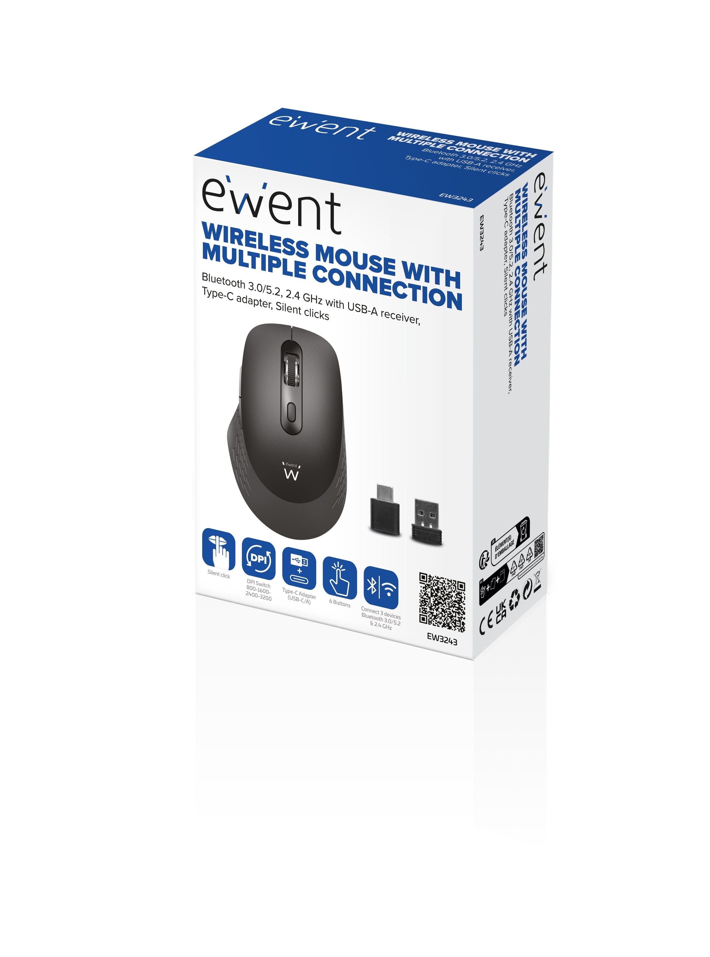 Raton Ewent Ew3243 800/1600/2400/3200dpi Inalambrico 6 Botones Negro/Gris