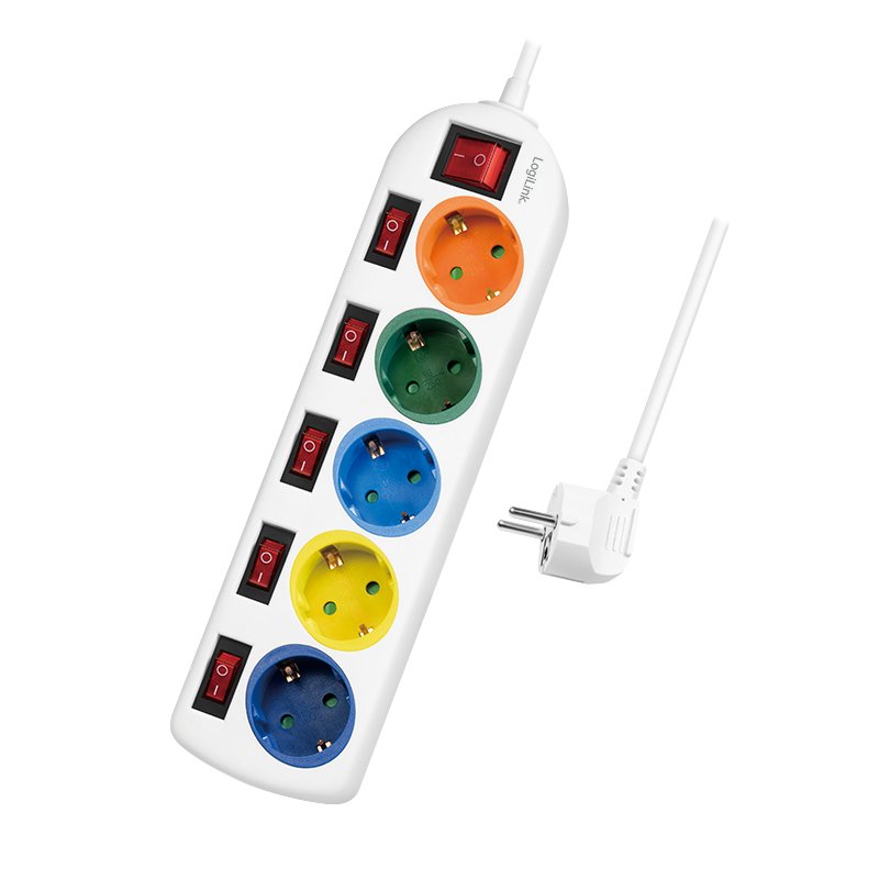 Logilink Regleta De Enchufes De 5 Tomas, 5xcee 7/3, W. 6interruptores, Coloridos