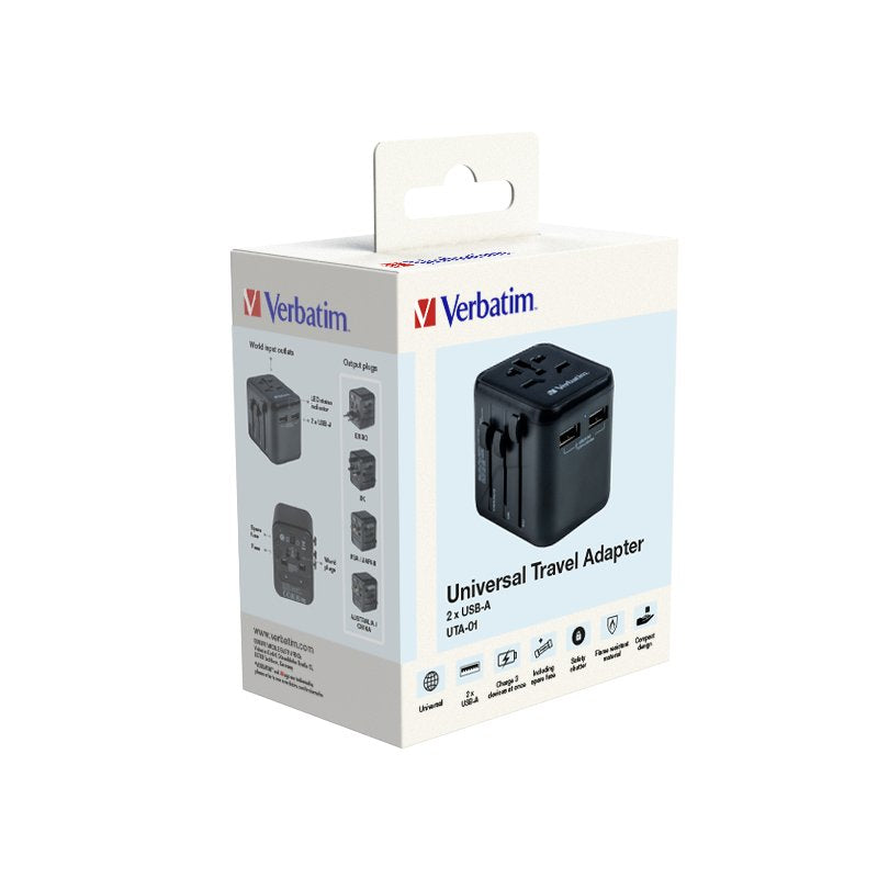 Verbatim Adaptador De Carga, Universal Travel, Uta-01, Negro 100-250 V, 2x Usb Tipo A