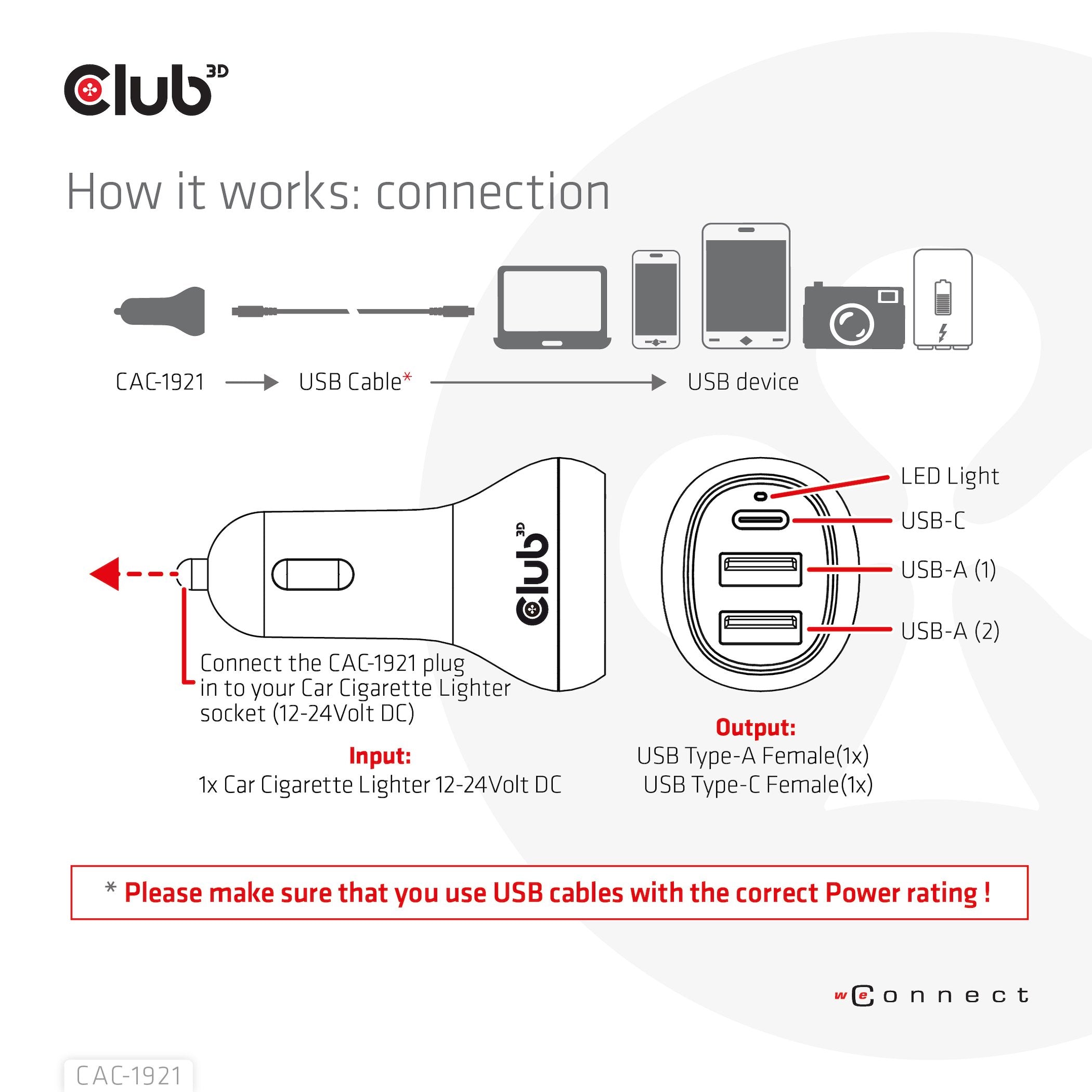 Cargador De Coche Usb Club3d 1xusb C, 2xusb A, 36w, 12 24v